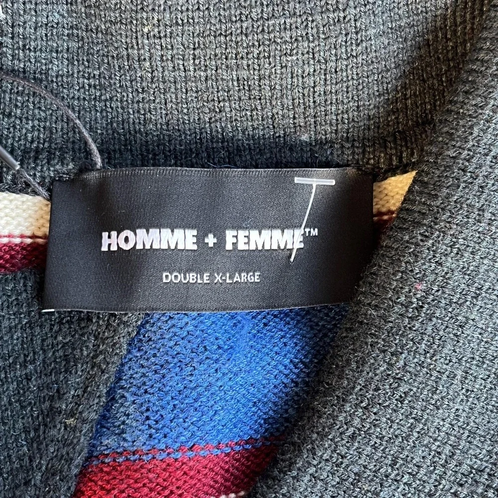 HOMME + FEMME Sweater Mens 2XL‎ Blue Yellow Striped Polo Collar Knit Logo Patch